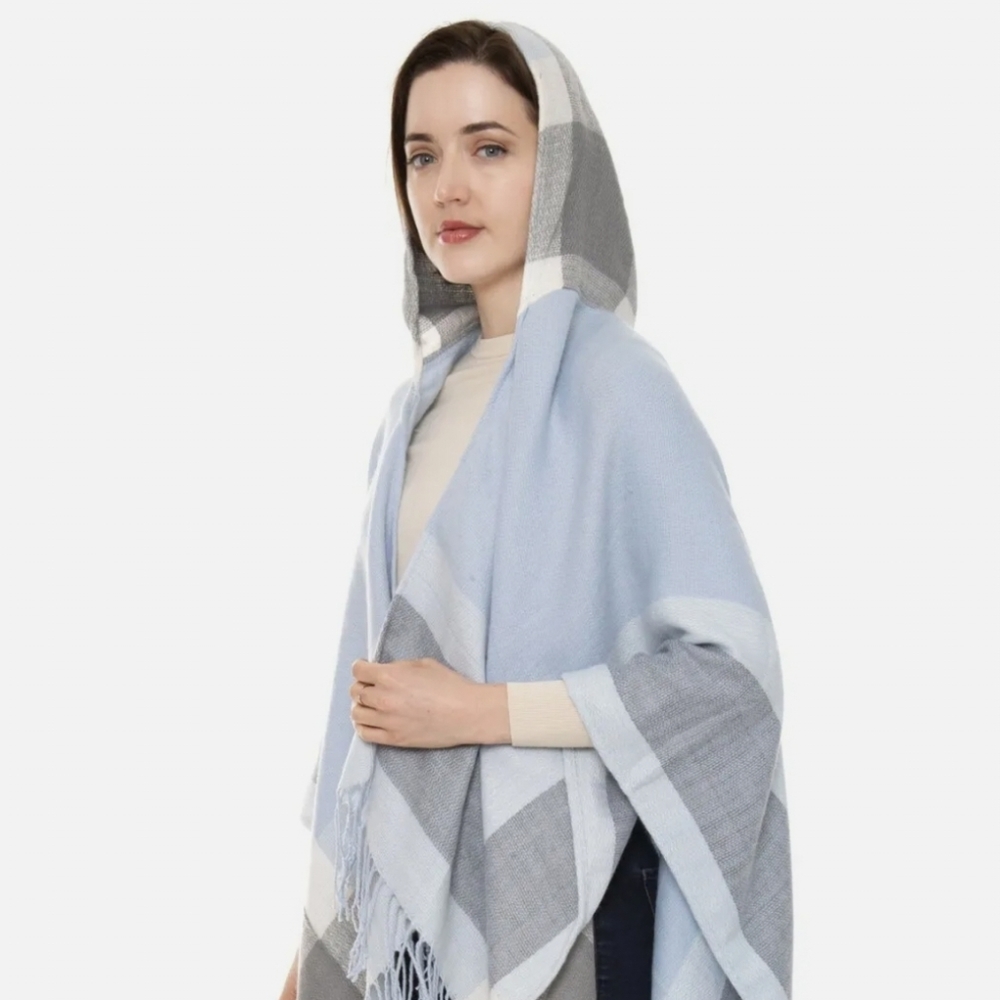 Gray Open Front Plain Hooded Ruana With Fringes + Free Rhinestone Face Mask